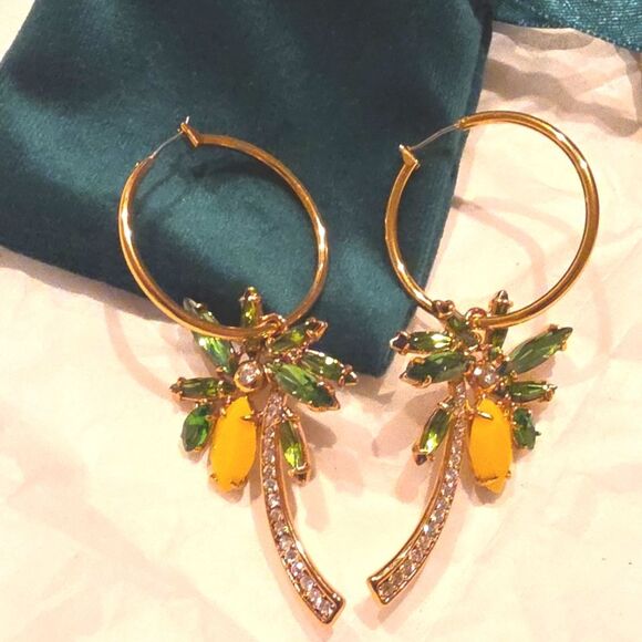 New Betesy Johnson Gold and Green Tropical Coconut Tree Crystal Hoop Earrings - Picture 6 of 8